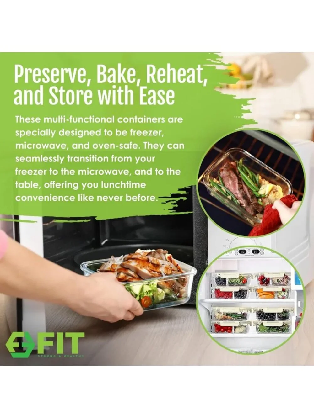 Versatile Glass Meal Prep Containers - 3 Pack Bento Box, Leak-Proof, Oven